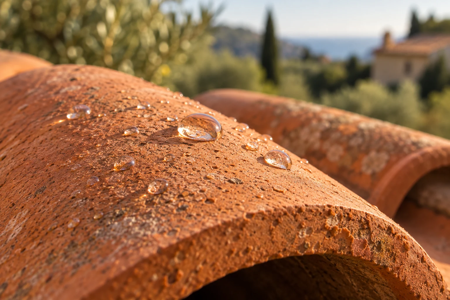 Illustration de gouttes d’eau sur une tuile en terre cuite