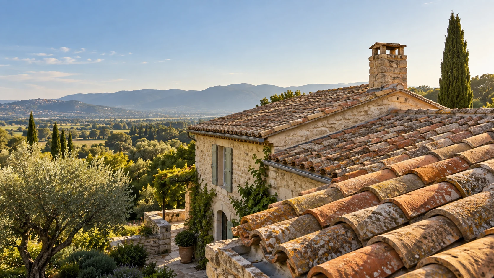 Ambiance provençale : toiture canal, mas en pierre et paysage du Vaucluse